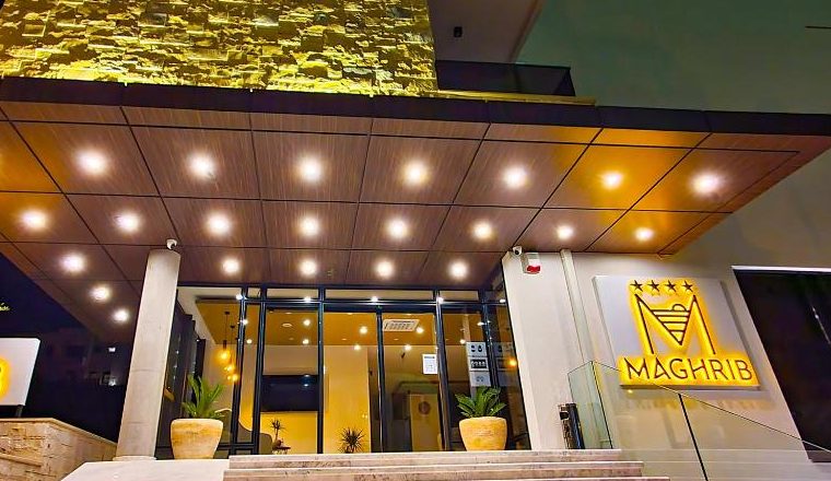 Maghrib Hotel entrance in Ulcinj, Montenegro at night