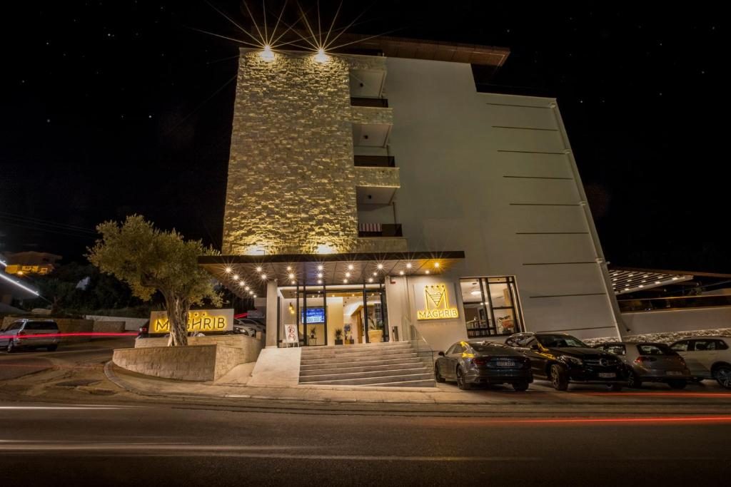 Maghrib Hotel entrance by night